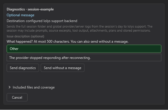 Diagnostic report card showing its destination, optional message, Included files and coverage, and send or cancel actions