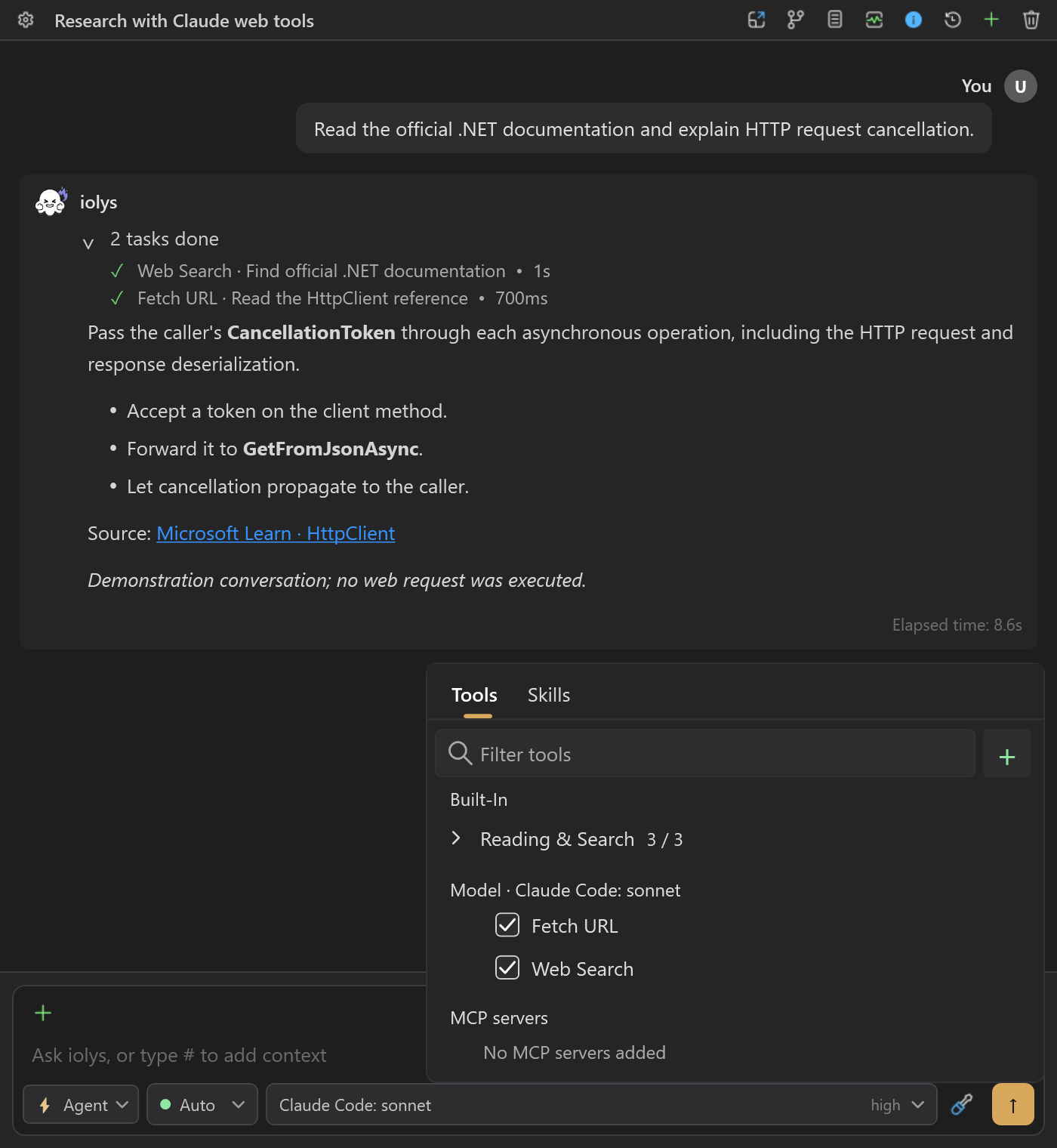 Claude Code's Model Tools section with separate Fetch URL and Web Search checkboxes