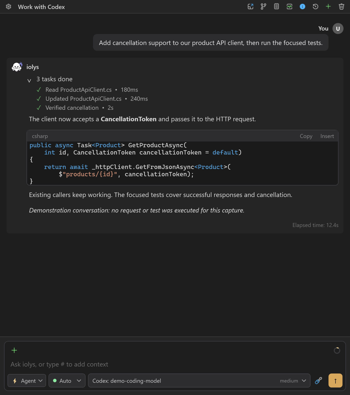 Codex conversation showing file inspection, edits, verification activity, and the selected reasoning effort
