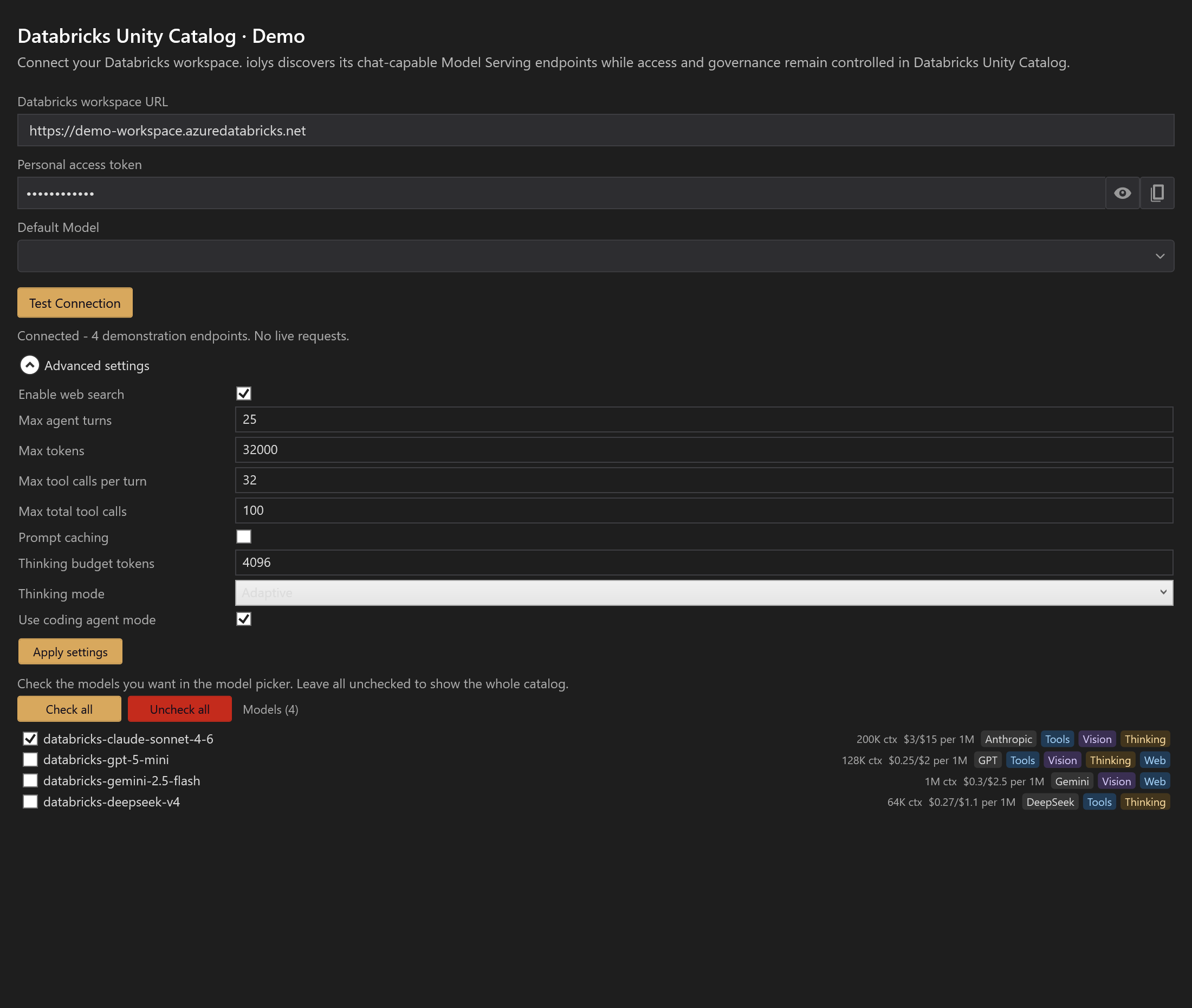 Databricks Advanced settings with Enable web search and Apply settings controls