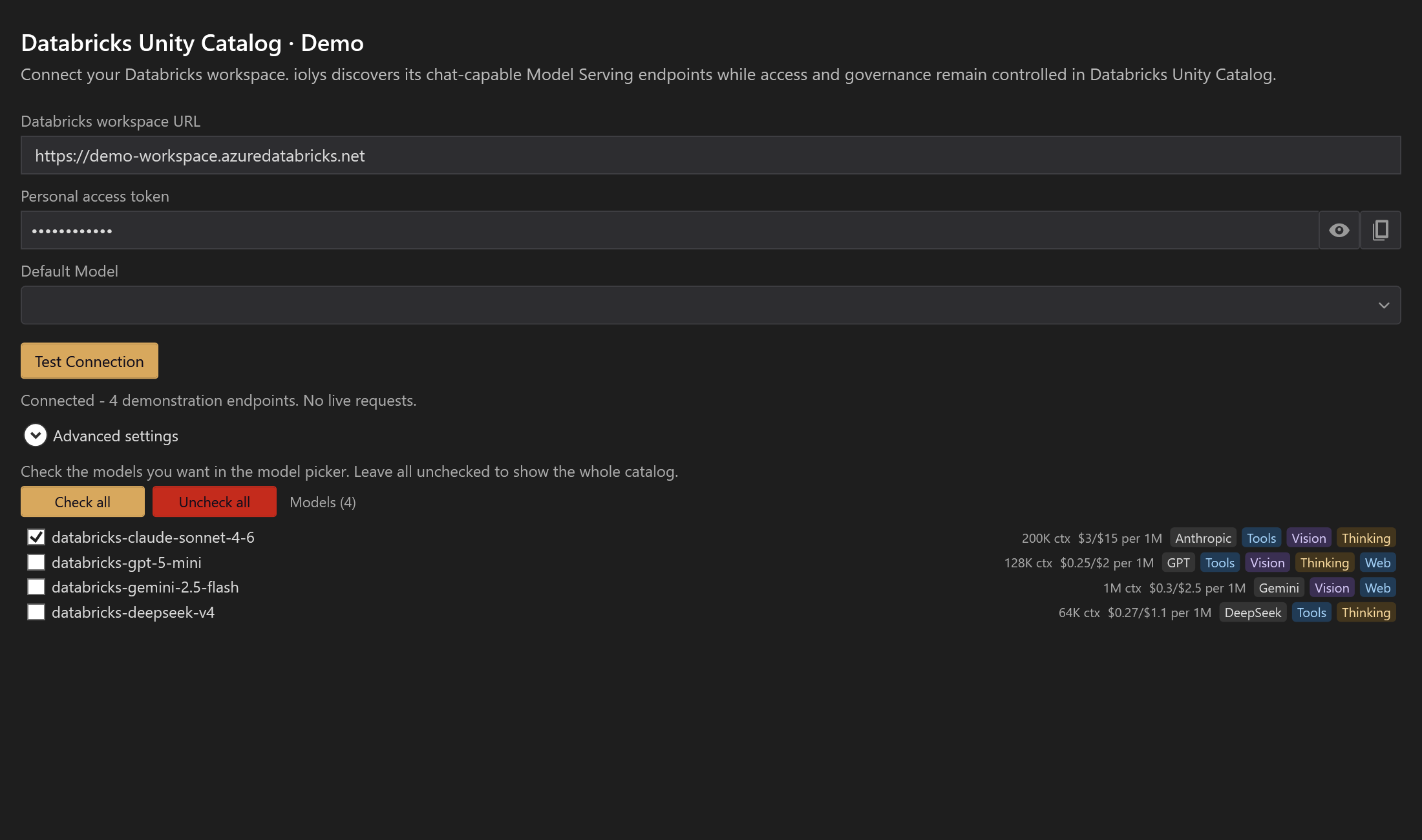 Databricks workspace connection and endpoint selection
