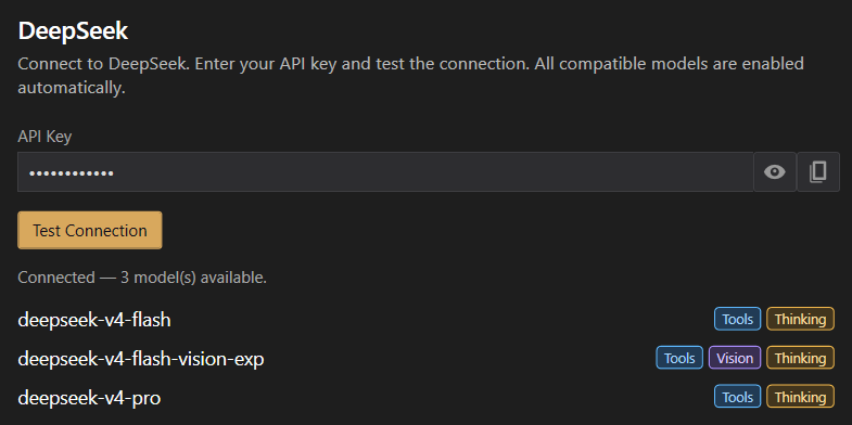 DeepSeek provider panel with a masked API key, Test Connection, and model capability badges.