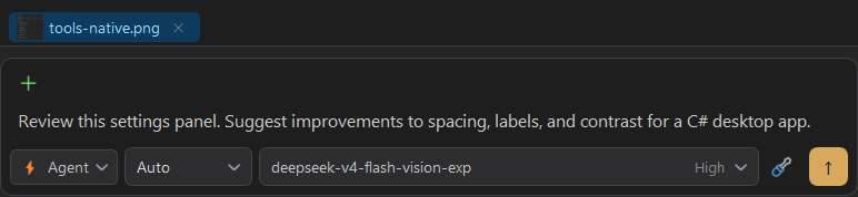 A prepared image-review prompt with an attachment and a Vision-capable DeepSeek model.