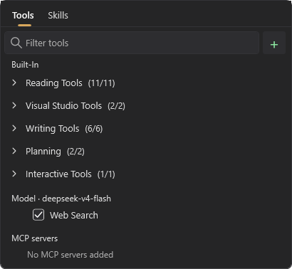 Web Search enabled in the DeepSeek model section of the tool picker.