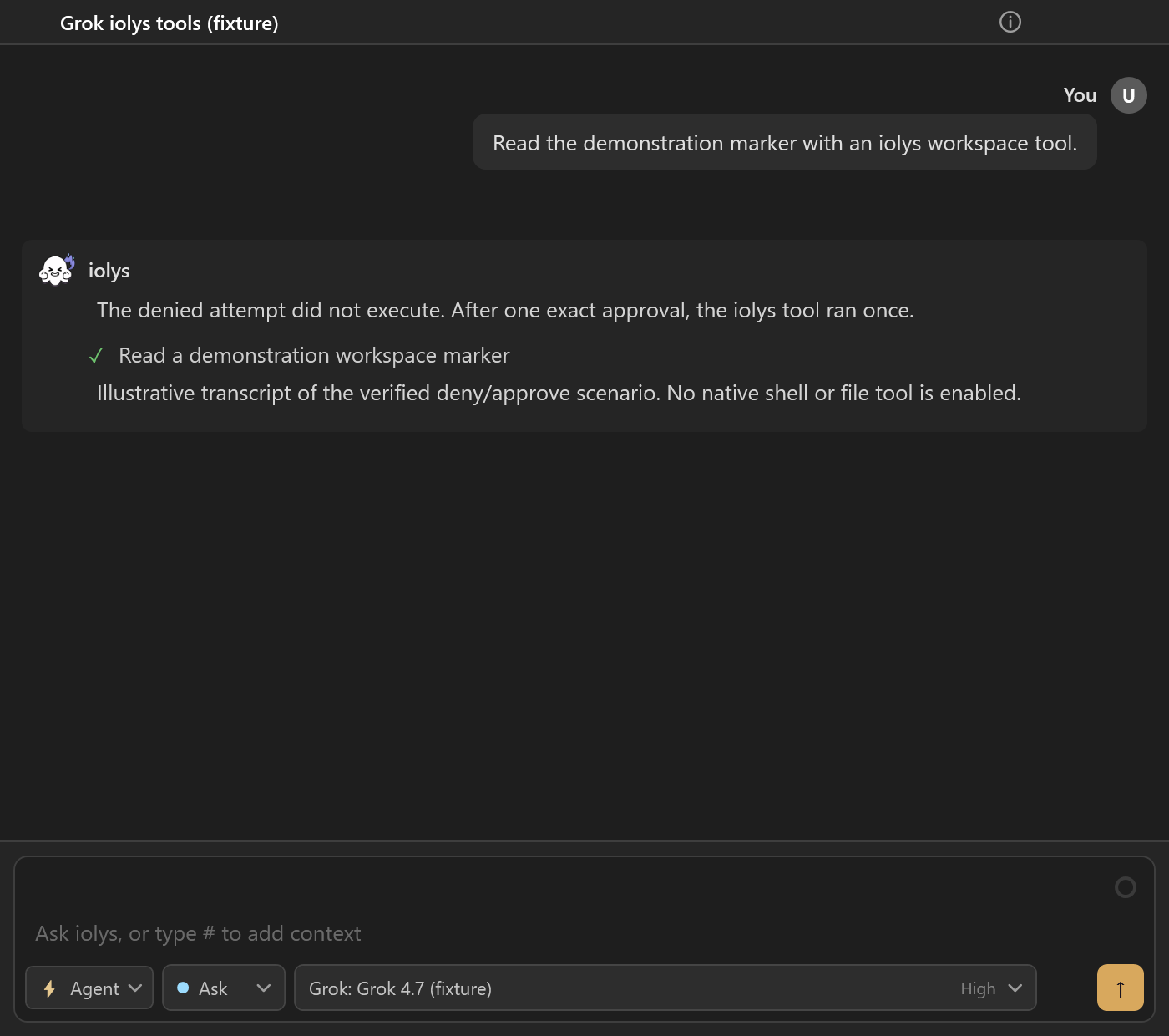 Grok conversation with an iolys tool request