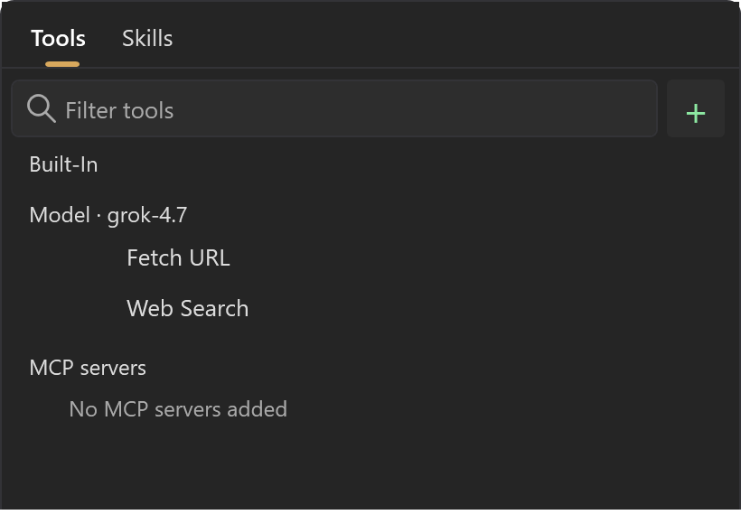 Tools picker listing Grok's native Fetch URL and Web Search tools
