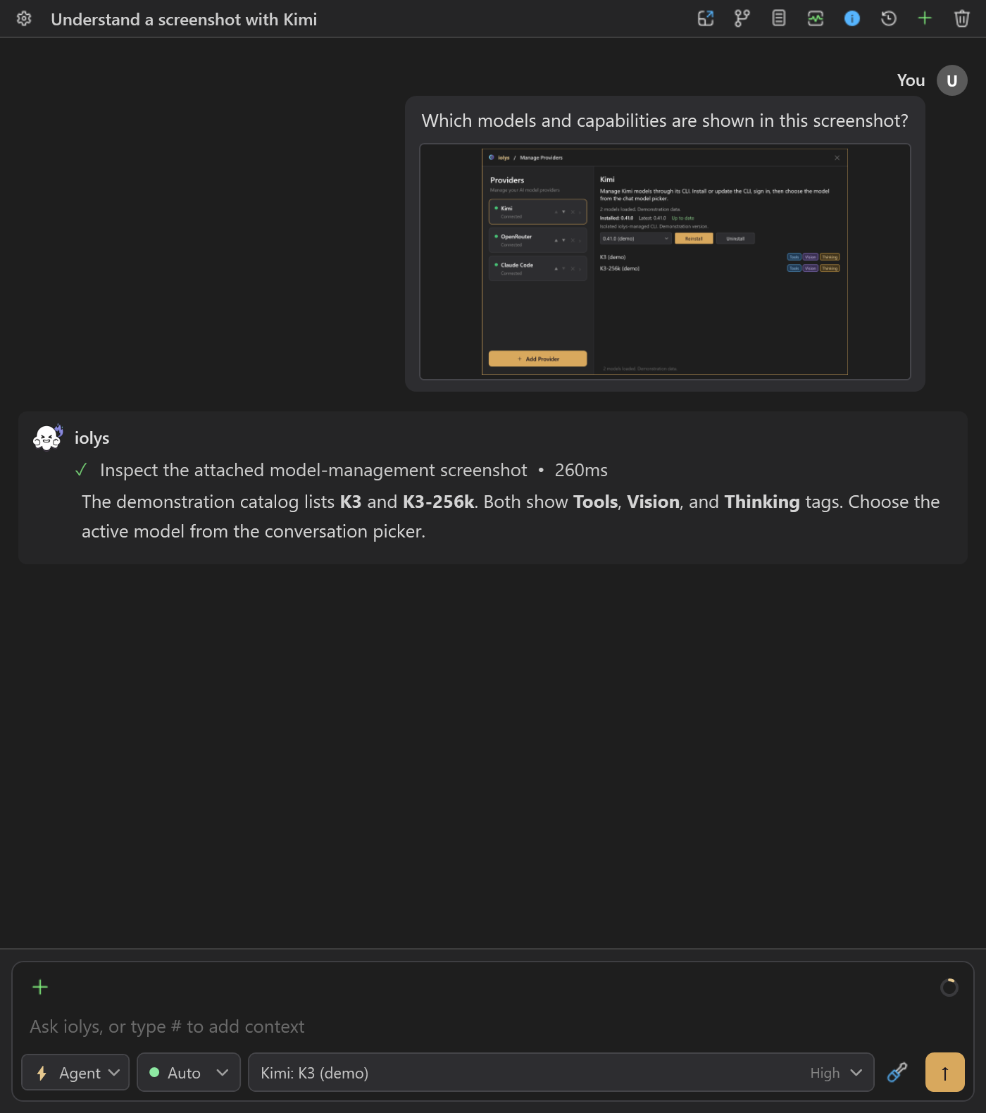 Kimi conversation with an attached screenshot and image-inspection tool activity