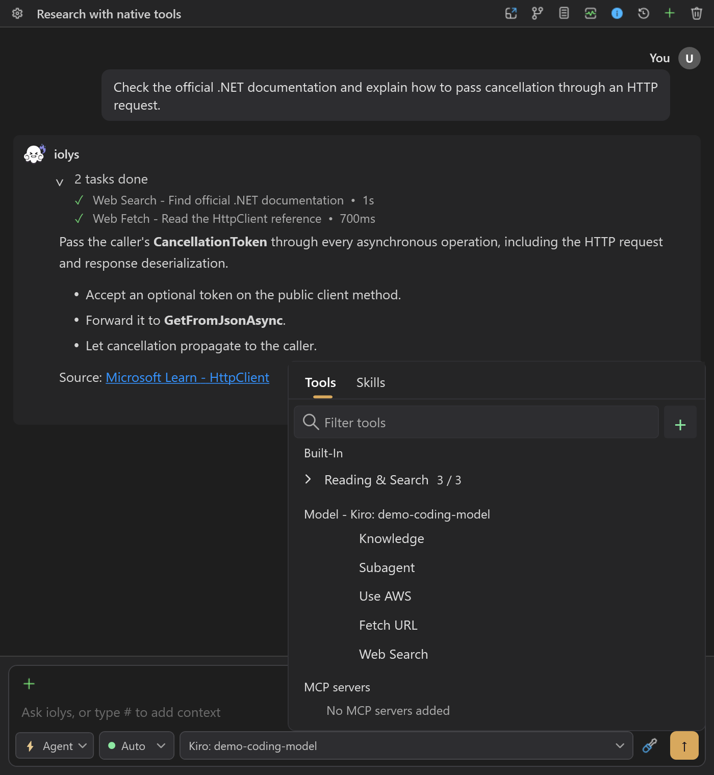 Kiro's Model Tools section listing Knowledge, Subagent, Use AWS, Fetch URL, and Web Search without checkboxes