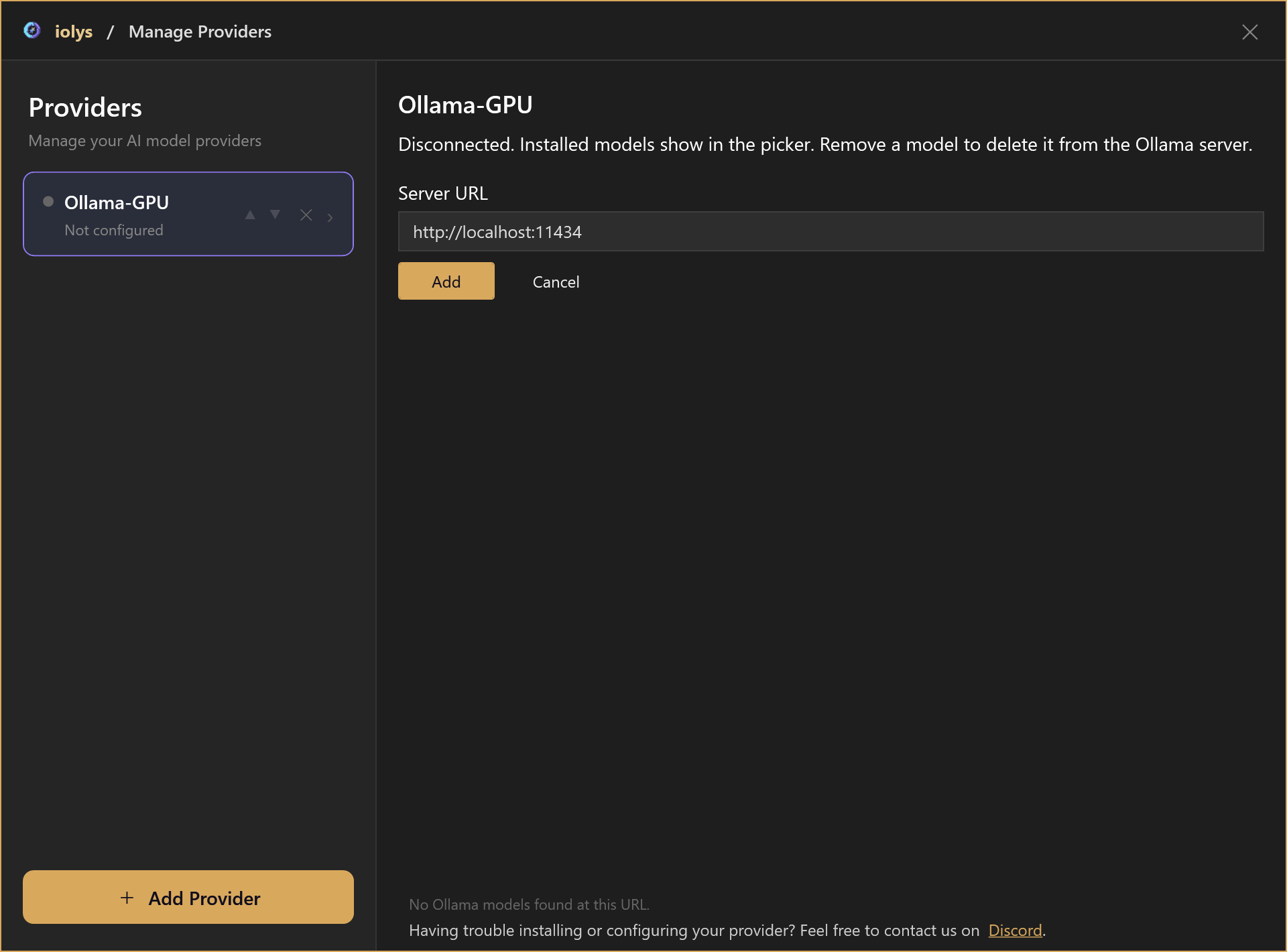 Ollama provider panel with the local server URL and Add button