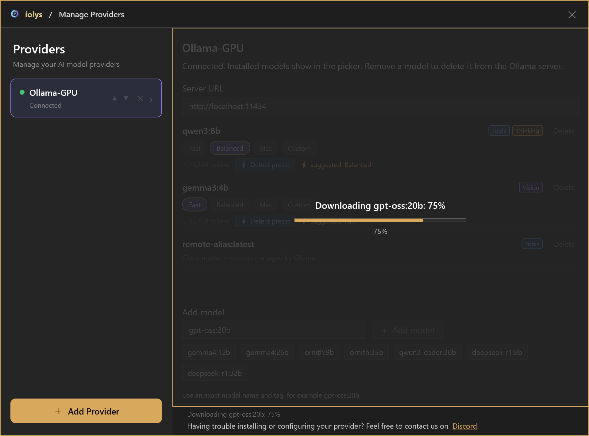 Ollama model installation showing a download at 75 percent
