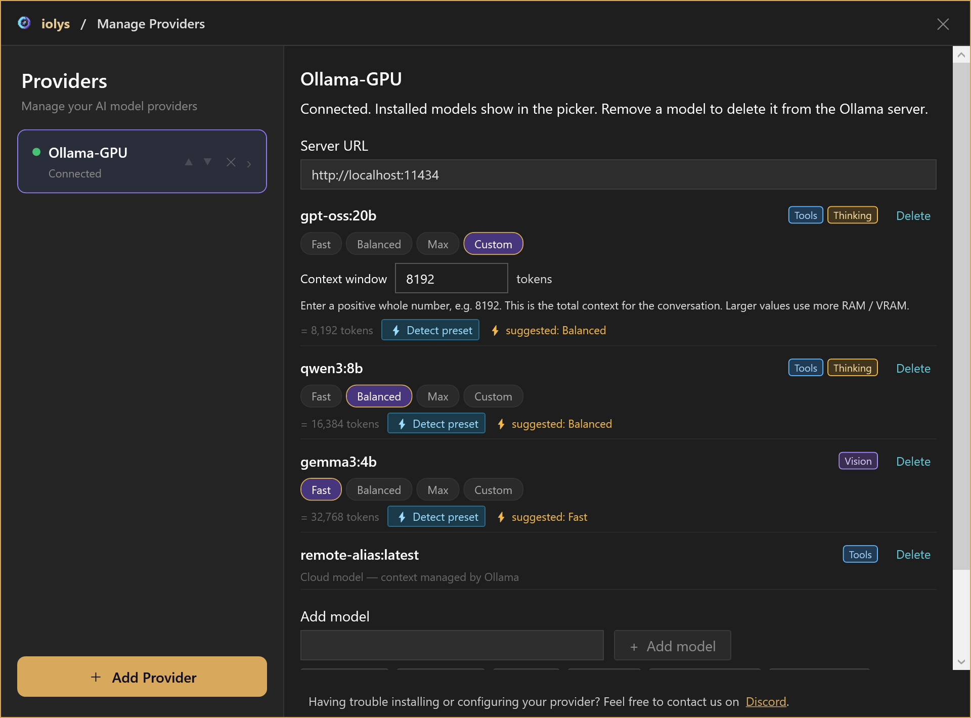 Ollama context settings with Custom selected and an 8192-token window