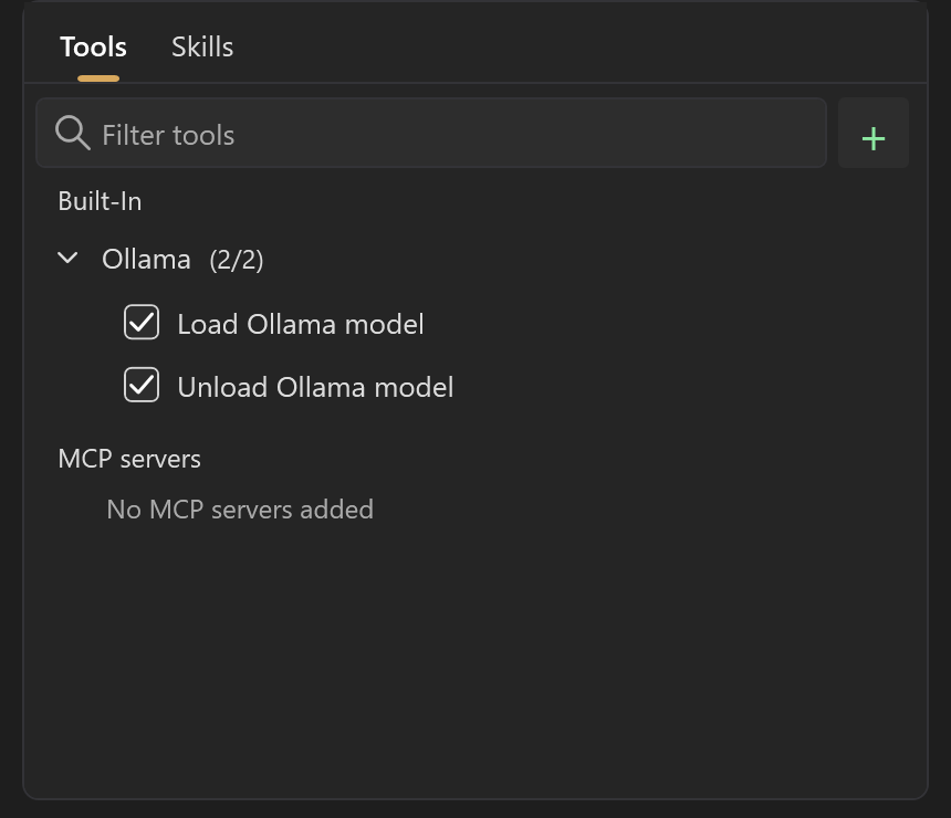 Ollama load and unload model tools enabled in the tool picker