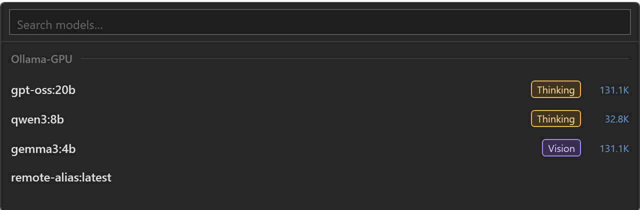 Ollama chat model picker with search, capability badges, and context limits