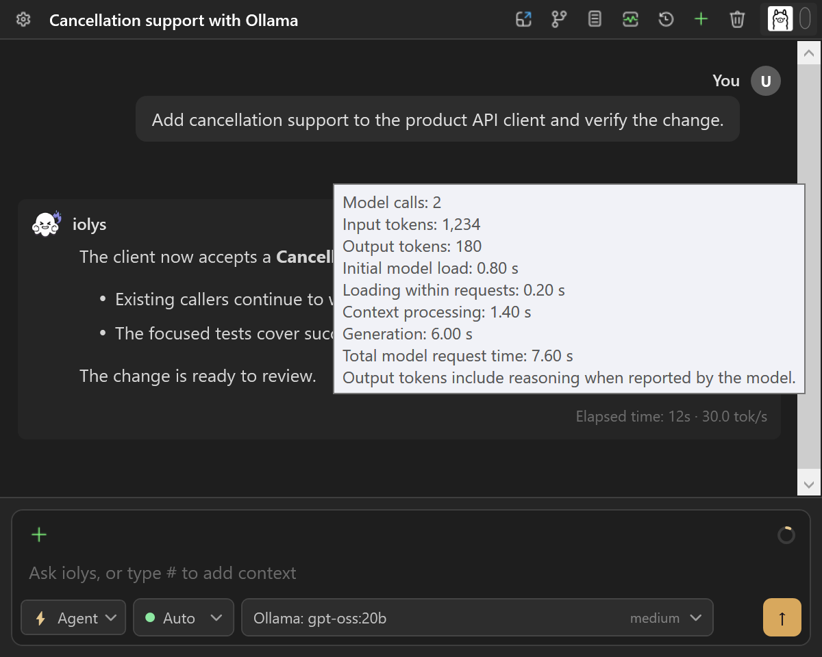 Ollama performance tooltip with token counts and loading, context processing, and generation times