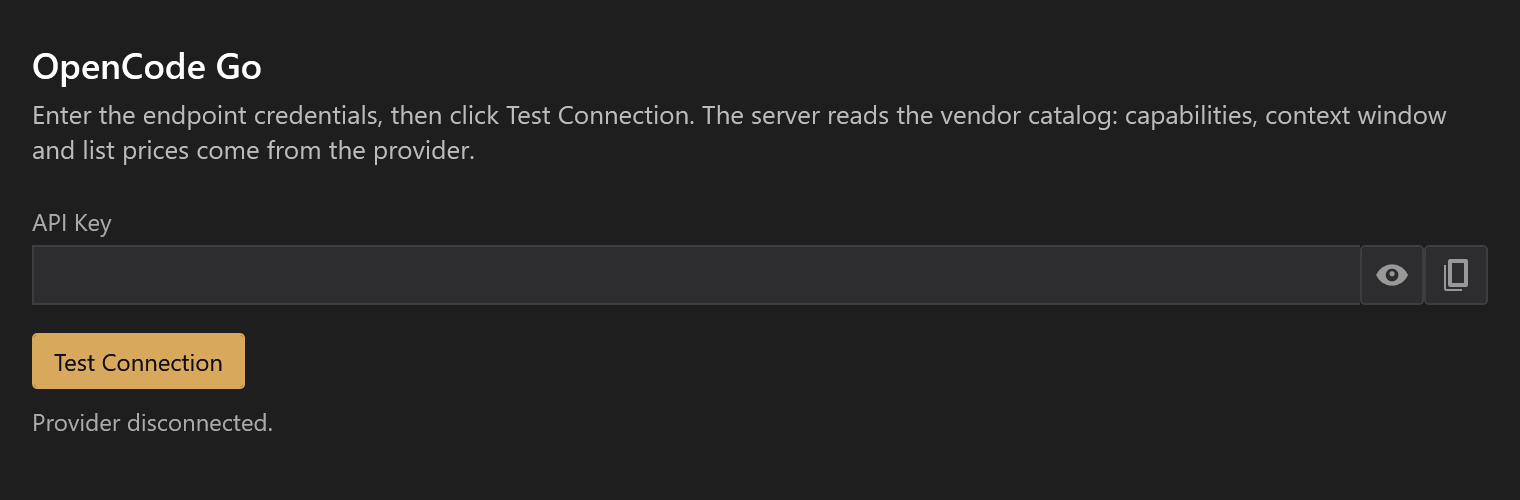 OpenCode Go connection panel with the API Key field and Test Connection button
