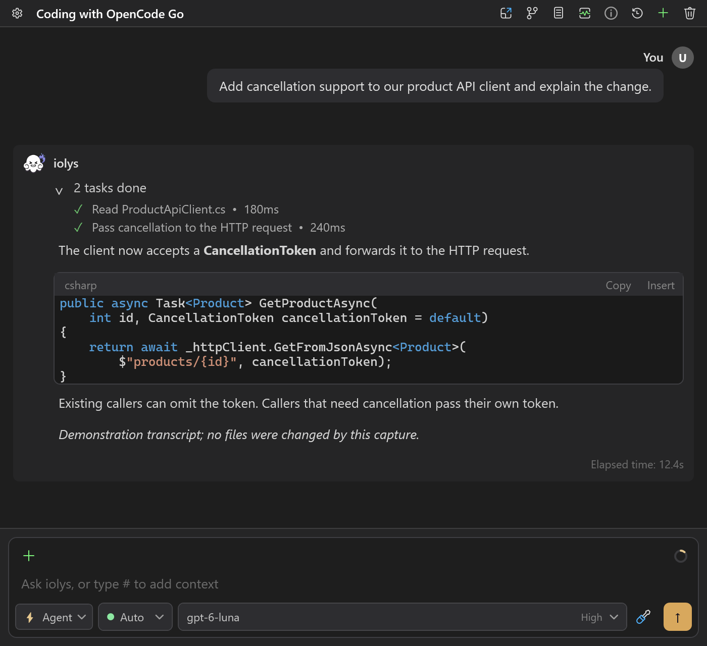 OpenCode Go conversation showing completed file-read and edit tools and a C# CancellationToken change
