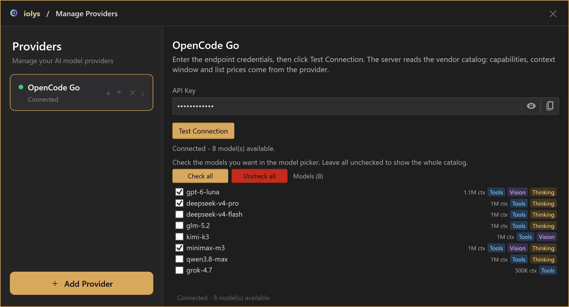 OpenCode Go model catalog with model selection and capability badges