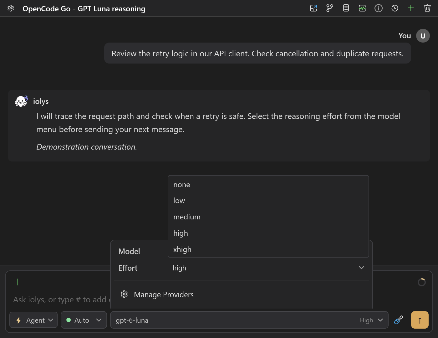 OpenCode Go model picker with the Effort dropdown open