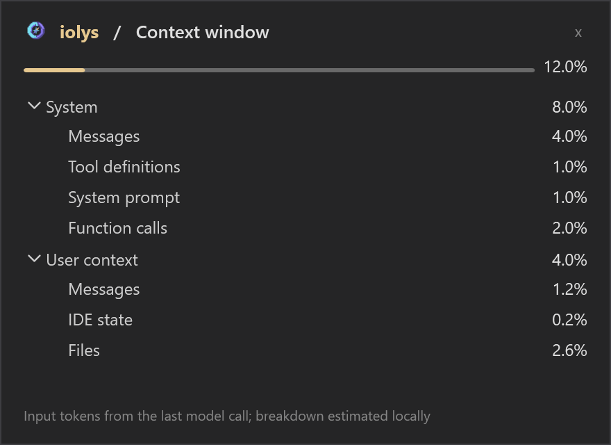 OpenCode Zen context window with an input-token total and expanded system and user-context categories