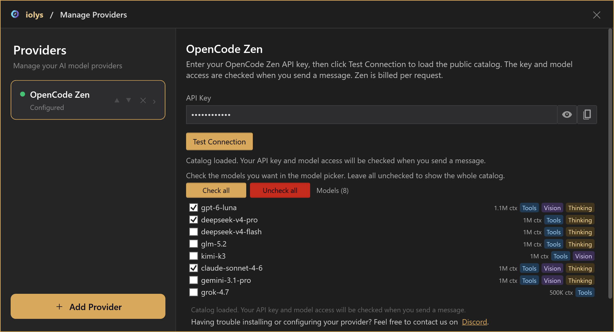 OpenCode Zen configuration with a masked API key and supported model catalog