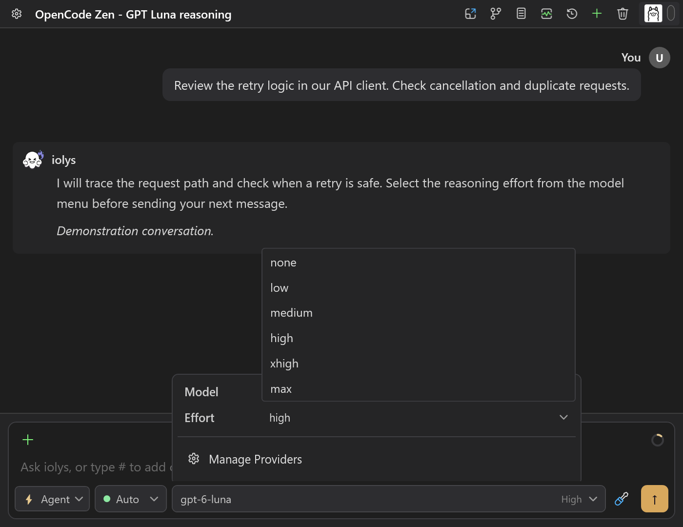 OpenCode Zen model picker with GPT-6 Luna and None, Low, Medium, High, Xhigh, and Max effort choices
