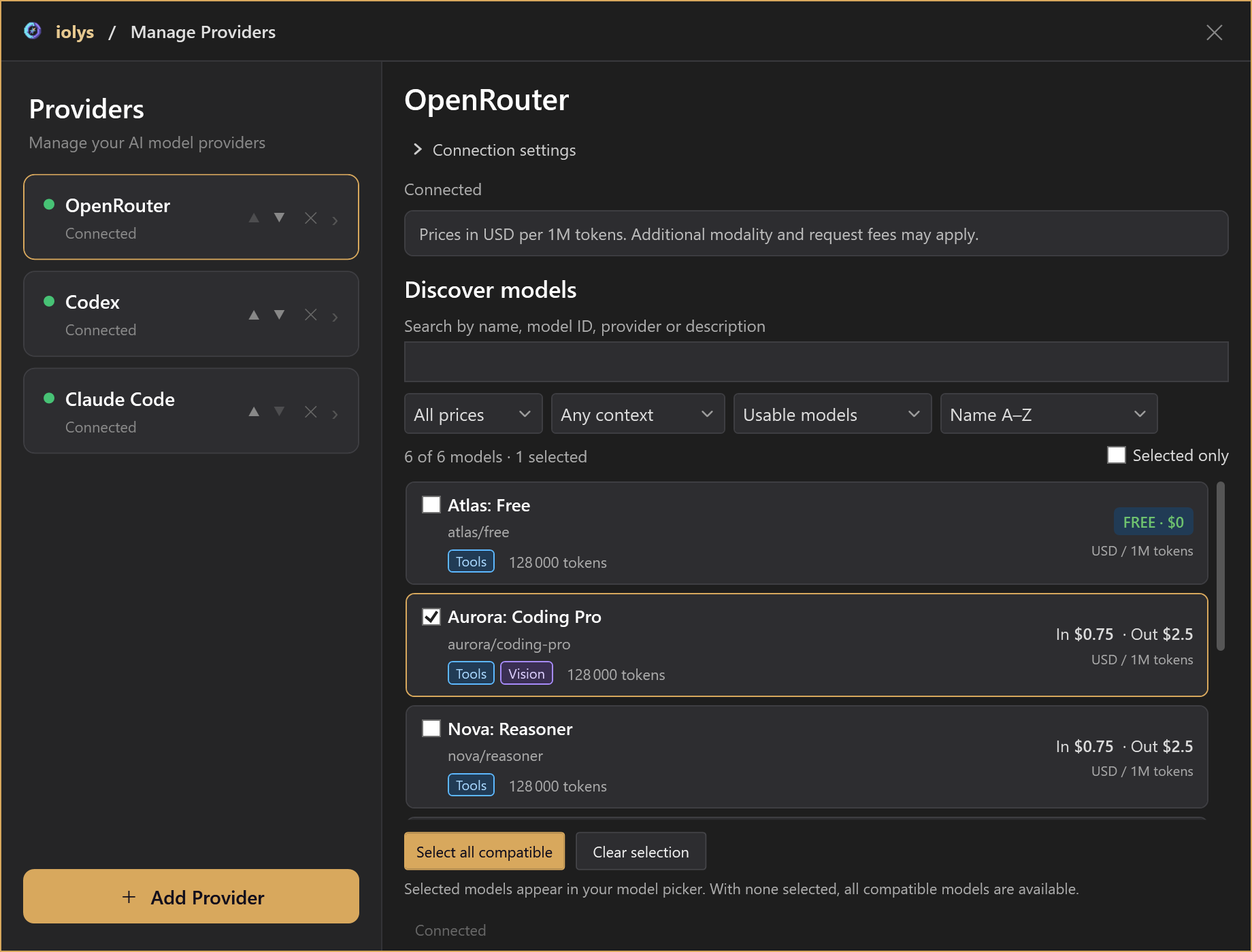 OpenRouter model discovery, filters, and pinned models