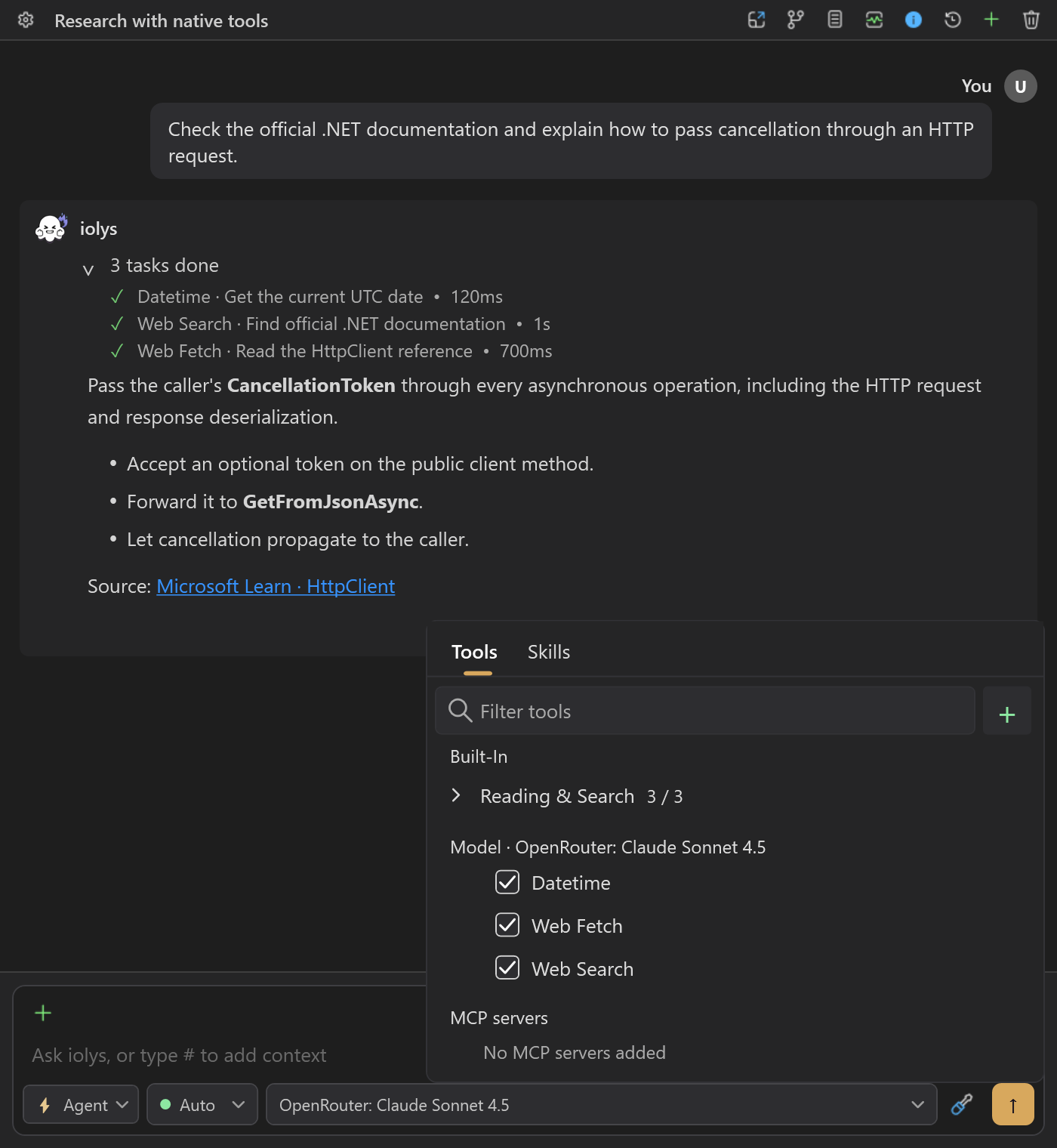 Tools and Skills picker with separate built-in, model, and MCP sections and individual tool checkboxes