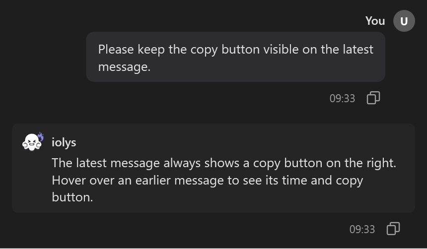 Copy icons beside an earlier user message and the latest iolys response.