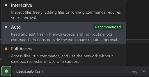 The permission picker showing Interactive, Auto, and Full Access.