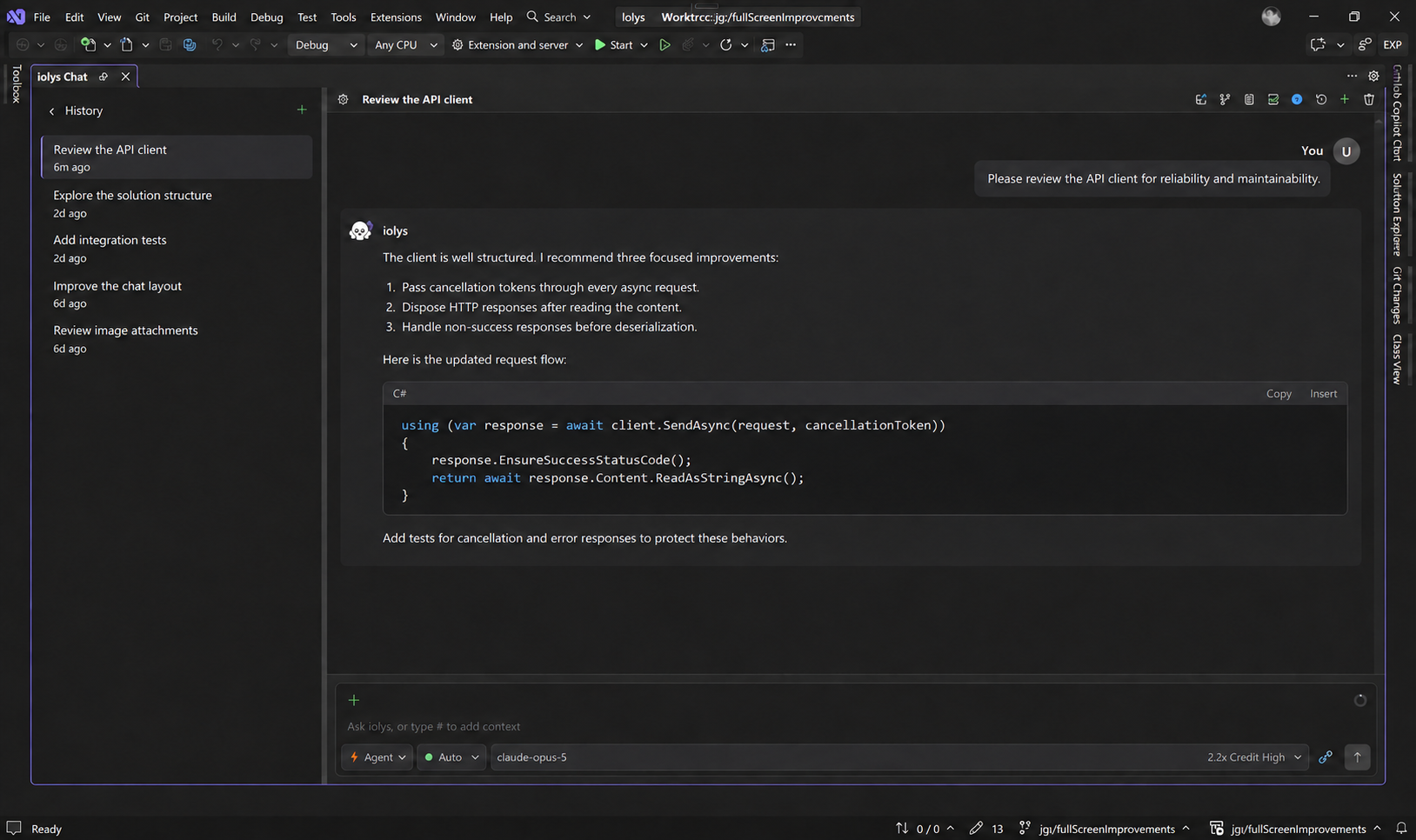 iolys inside Visual Studio with task history beside an API-client conversation and its model controls.