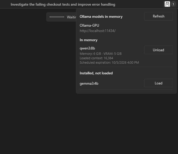 Ollama memory popup showing loaded and unloaded models with RAM, VRAM, context, and load controls