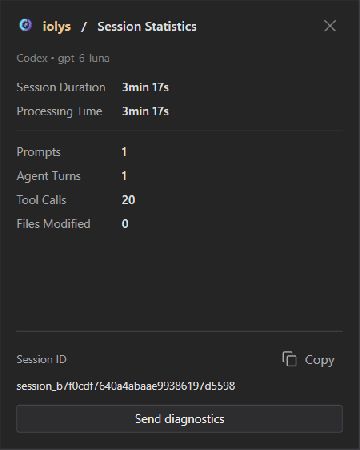 Session Statistics showing duration, prompt, turn, tool-call, and modified-file counts.