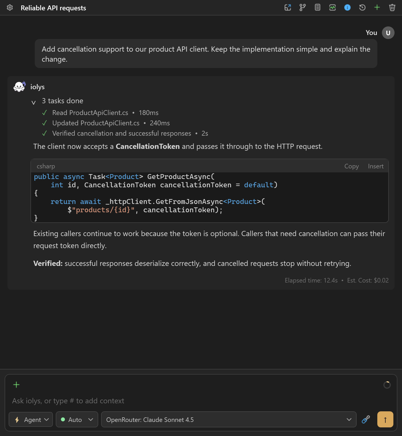 An example cancellation-support task with completed tool calls, the code response, and a summary of verified behavior.