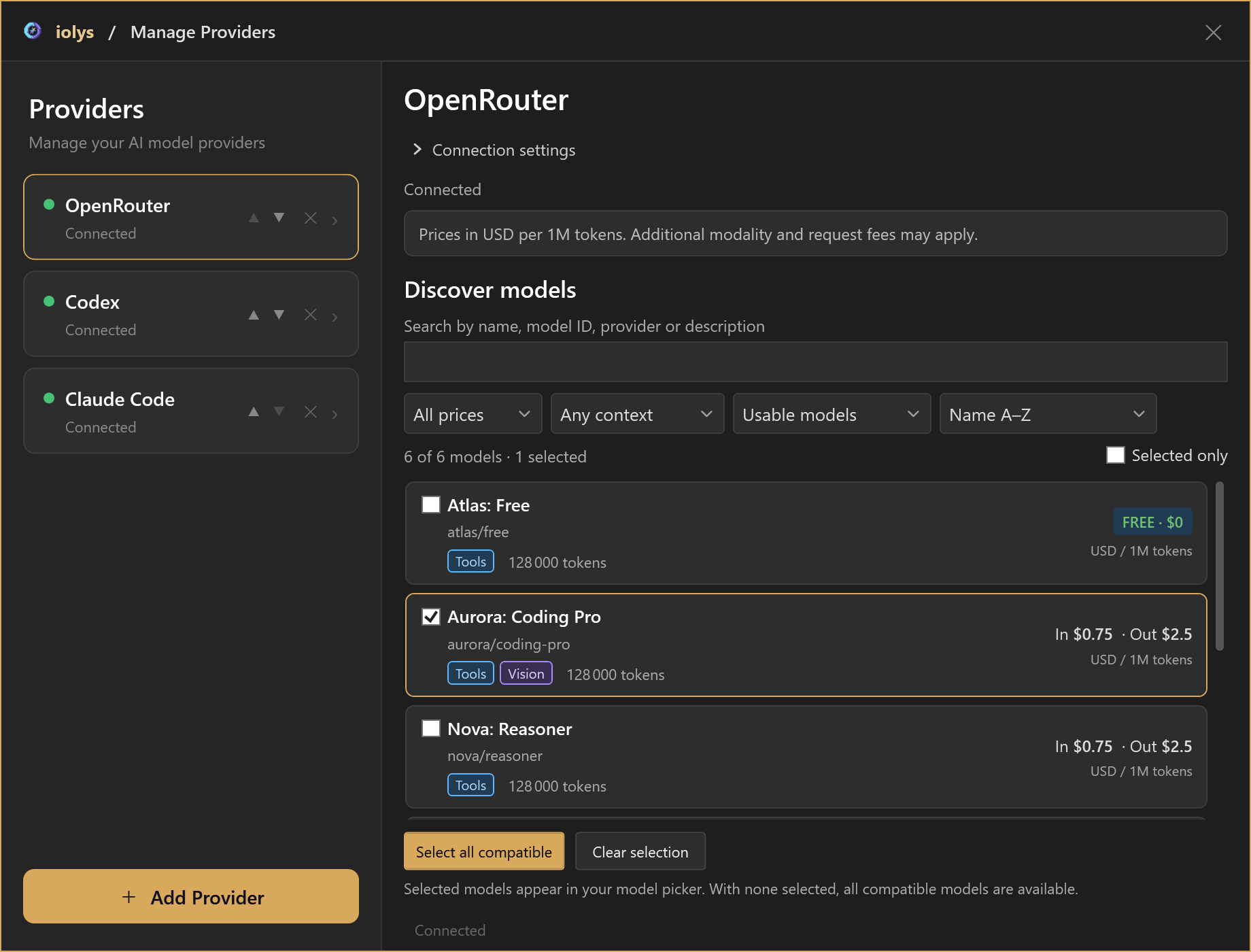Manage Providers showing OpenRouter, Codex, and Claude Code connections beside a searchable model catalog.