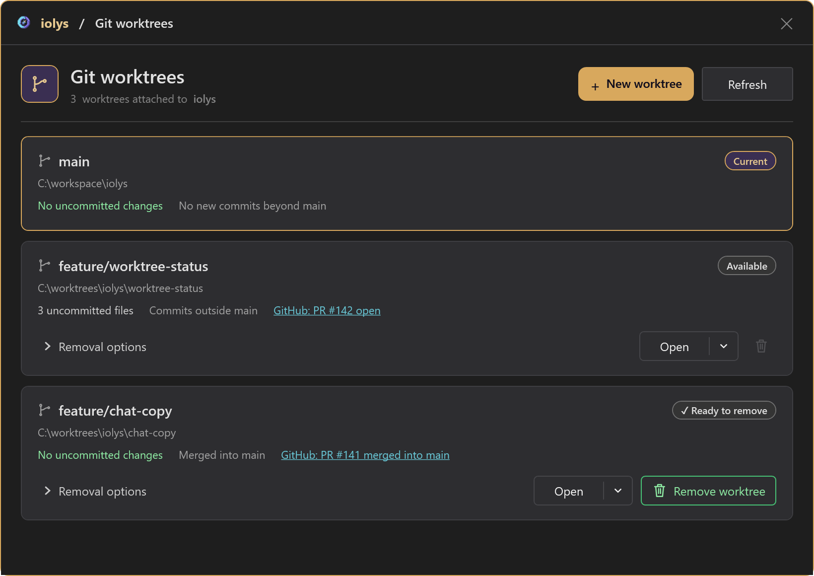 The Git worktrees window with branches, local changes, merge status, and open and removal actions.